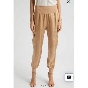 Cinq à Sept Giles Cupro Crop Cargo Joggers Large Tan Satin Athleisure dressy NWT
